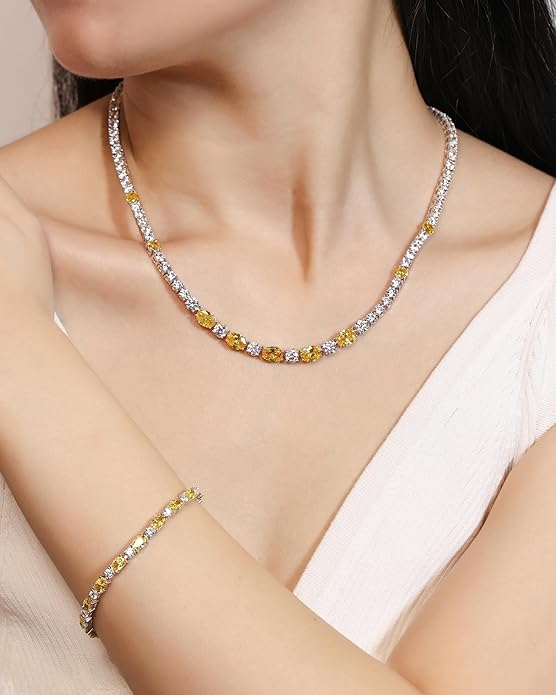 FANCIME Sterling Silver Tennis Necklace 4mm 18 inch Birthstone Necklace with 6 * 8mm Oval Gemstone Luxury Fine Birthday Jewelry Gifts for Women