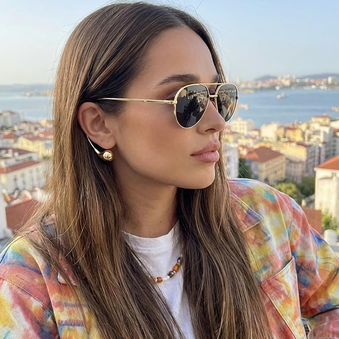 SODQW Trendy Aviator Sunglasses for Women with Earring Gold Metal Frame Fashion Sun Glasses