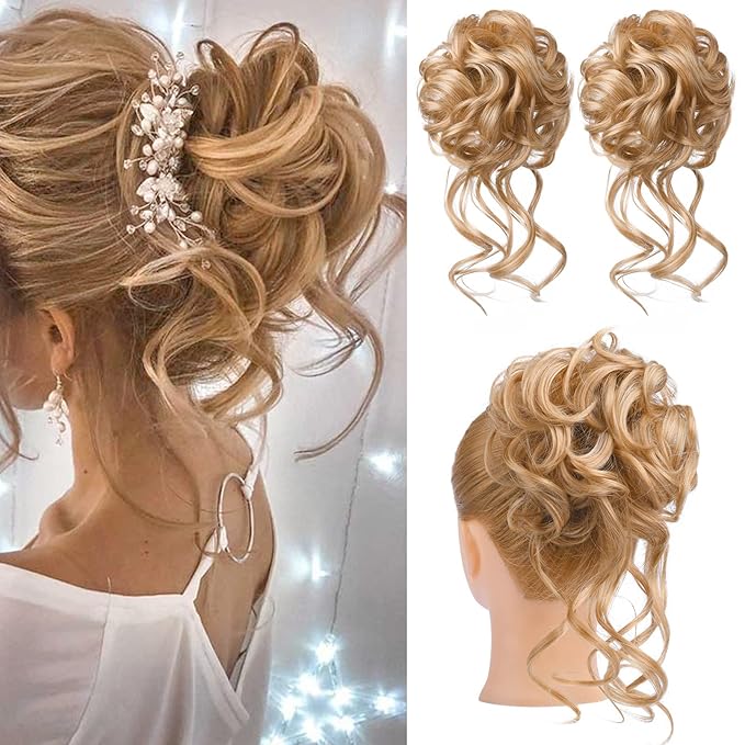 HOOJIH 2PCS Messy Bun Hair Piece, Tousled Updo with Tendrils Hair Bun Extensions Wavy Curly Hair Wrap Ponytail Hairpieces Hair Scrunchies for Women HB010 Dasiy - Golden Blonde…