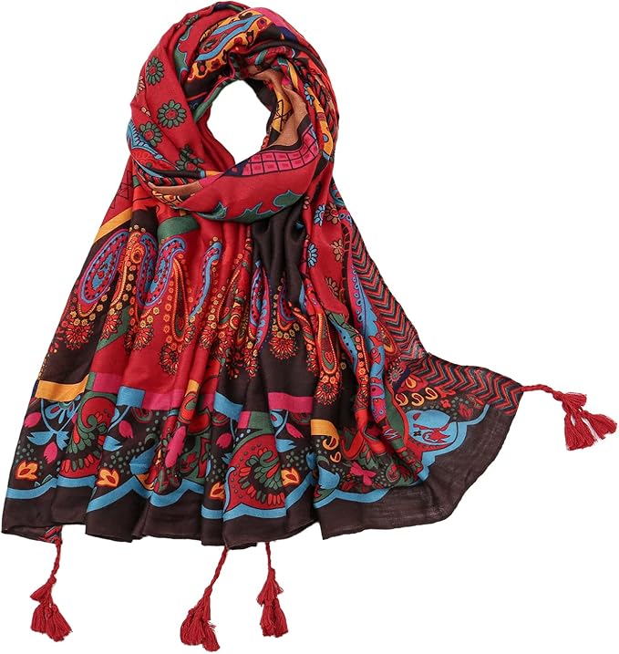 Yeieeo Boho Scarf for Women Lightweight Floral Printed Scarf Fall Winter Fashion Fringed Shawl