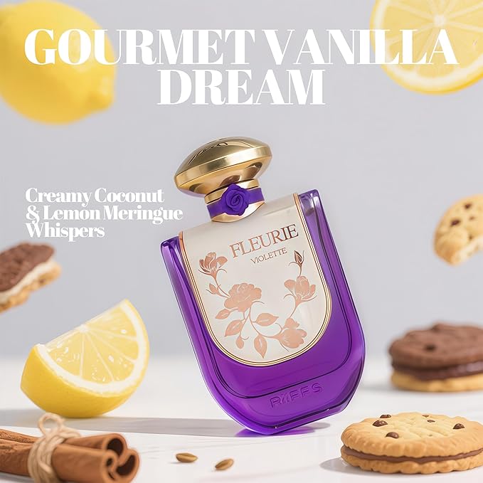 Riiffs Fleurie Violet Women's Gourmand Perfume Eau de Parfum - Vanilla Powder,Matiere Premiere, Rose, White Florals Scent with 24H Longevity | 3.4 Fl Oz 80% Vol Seductive Edible Fragrance
