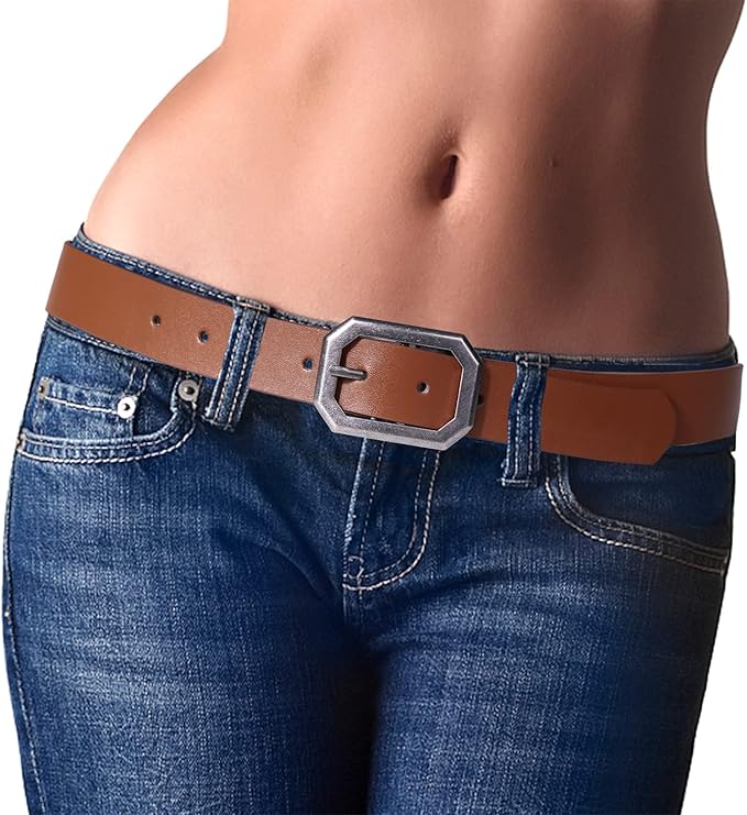 Reversible 1.3" Leather Belt for Women - Vintage Silver Buckle Fashion Belt for Jeans and Dresses