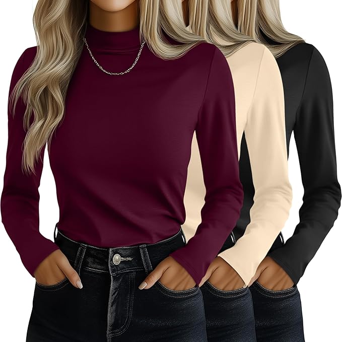 Ficerd 3 Pack Women's Mock Turtleneck Shirts, Long Sleeve Mock Neck Pullover Tops Slim Fitted Stretch Undershirt Tee Blouse