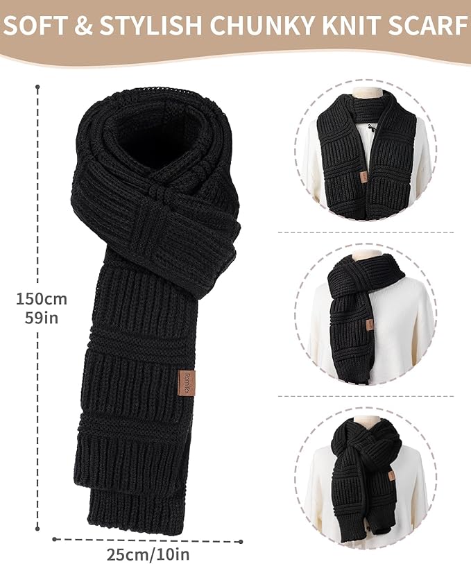 Remifa Winter Beanie Hat Scarf Gloves Set for Women, Slouchy Pom Pom Hat Long Knit Scarf Touchscreen Gloves Christmas Gifts