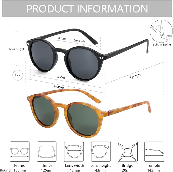 ZENOTTIC Polarized Sunglasses for Women Men: Retro Shades Round | Square Frame UV Protection 2 Pack