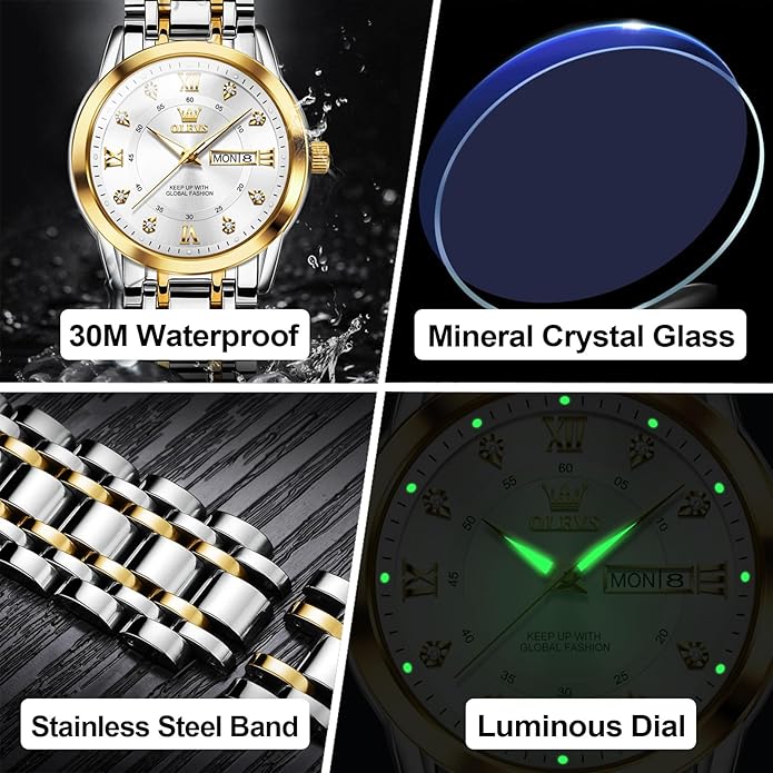 OLEVS Men's Stainless Steel Watch, Large Face Roman Numerals Diamond Accented Three-Hand Analog Quartz Watches for Men, Easy to Read Day Date Waterproof Luminous Mens Wristwatch