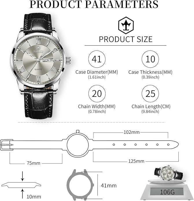 Leather Band Mens Watches with Day Date Quartz Analog Large Face Classic Watch Roman Numerals Dress Luminous Rlojes para Hombres