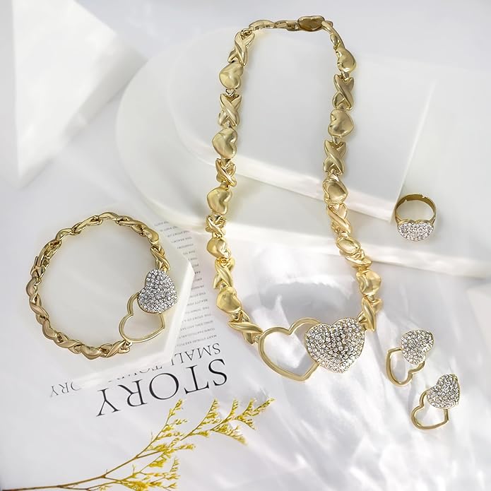 Gold Jewelry Set 18K Gold Accessories for Women Jewelry Set Wedding Bridal Fashion Jewelry Sets Women Accessories Bracelets Earrings and Rings Sweetheart Gifts