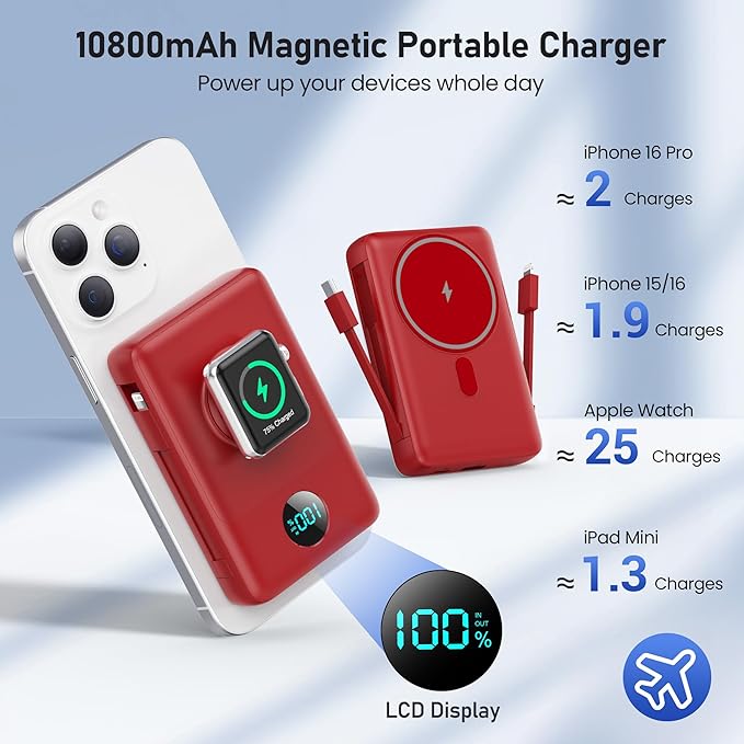 Magnetic Portable Charger for iPhone with Built-in Cables, 6-in-1 10800mAh Power Bank with iWatch Charger & LCD Display,25W Fast Charging Battery Pack for iPhone 17/16/15/14/13/12,Apple Watch (Red)