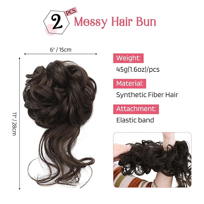 HOOJIH 2PCS Messy Bun Hair Piece, Wavy Curly Hair Wrap Ponytail Hairpieces, Dark Chocolate Brown