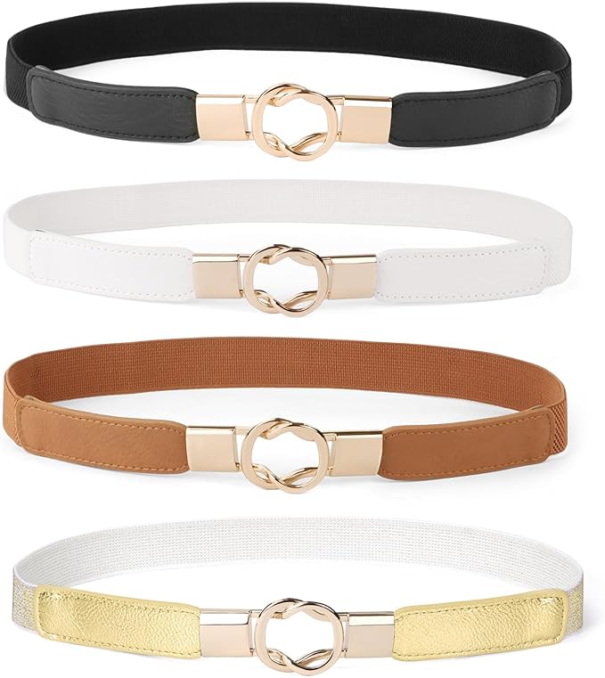 WERFORU Women Skinny Belt for Dresses Retro Stretch Waist Belt with Gold Buckle Set of 4