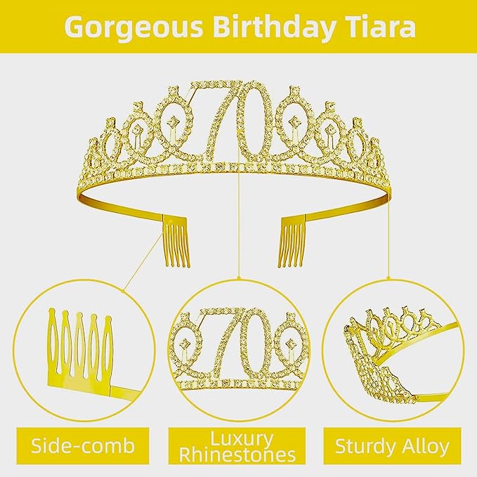 70th Birthday Decorations for Her Girls Set, Include 70th Birthday Crown and 70 Sash, 70th Birthday Cake Topper and 70 Birthday Candles, Gold 70 Balloons, Women 70th Party Supplies(Gold)
