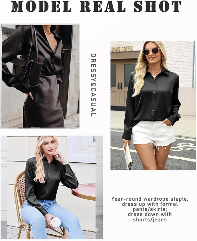 Zeagoo Satin Blouses for Women Silk Button Down Shirts Long Sleeve Business Casual Tops
