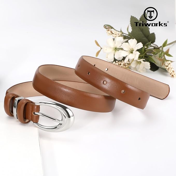 TRIWORKS Women Leather Belt for Jeans Pants Fashion Ladies Skinny Faux Leather Dress belt with Gold Buckle