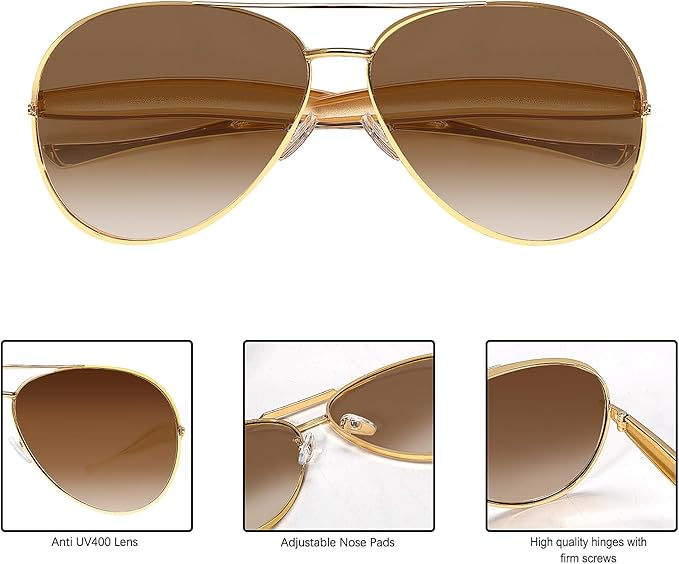 Retro Gold Aviator Sunglasses for Women Men, 2025 Metal Oversized 70s Aviators Sun Glasses