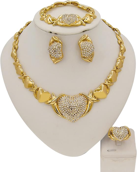 Gold Jewelry Set 18K Gold Accessories for Women Jewelry Set Wedding Bridal Fashion Jewelry Sets Women Accessories Bracelets Earrings and Rings Sweetheart Gifts