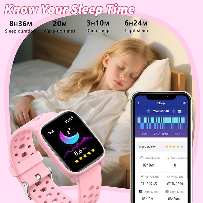 Kids Smart Watches Girls Gift Age 6-12 with 12 Puzzle Games, Heart Rate, Sleep Monitor, Pedometer, Flashlight, 1.83" Touchscreen IP68 Waterproof Kid Watch Brithday Gift for Girls