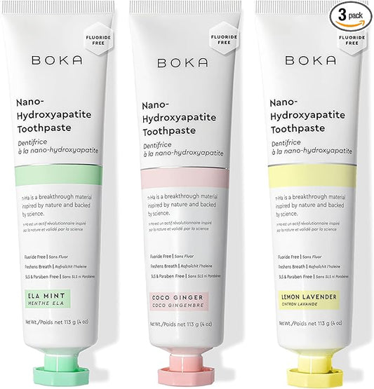 Boka Fluoride Free Toothpaste, Nano Hydroxyapatite Toothpaste, Appropriate for Sensitive Teeth - for Adult, Kids Oral Care - Ela Mint, Coco Ginger, Lemon Lavender Flavor, 4 Fl Oz 3Pk US Manufactured