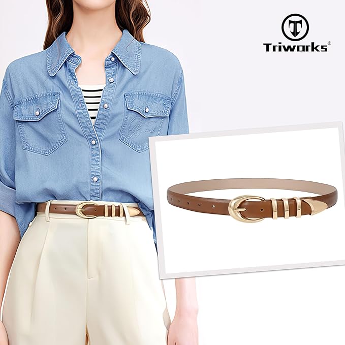 TRIWORKS Women Leather Belt for Jeans Pants Fashion Ladies Skinny Faux Leather Dress belt with Gold Buckle
