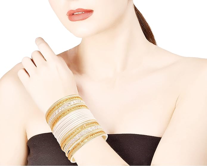 Touchstone Indian Metal Bangles for Women Gold Alloy Bracelets desi 2 Dozen Bangle Collection Bollywood Women's Jewelry Set Multi Stacking Wide Chunky Textured Golden Set of 24 in Gold or White Tone