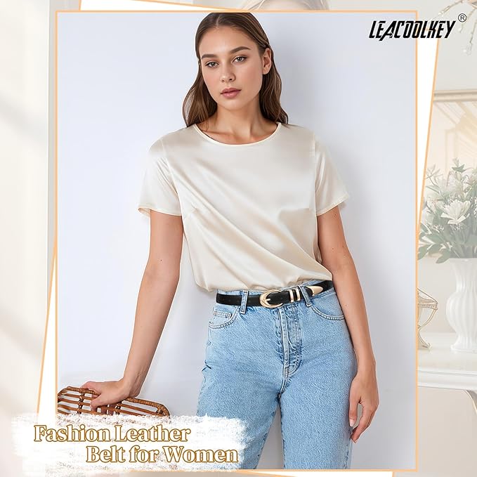 2 Pack Women Leather Belts for Jeans Dress Fashion Ladies Belt with Gold Silver Buckle