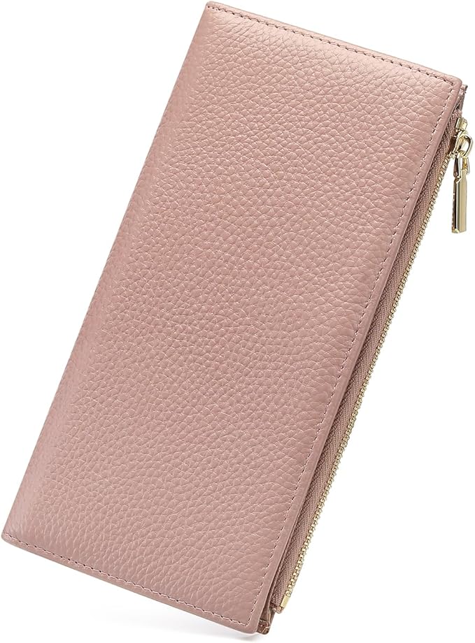 Slim Blue Wallet for Women, RFID Blocking Genuine Leather Bifold with Secure Zippered Coin Pocket (Pink)