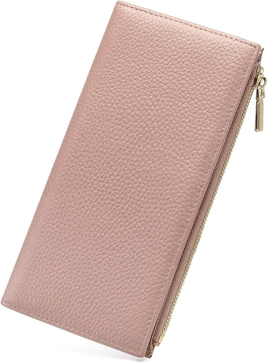 Slim Blue Wallet for Women, RFID Blocking Genuine Leather Bifold with Secure Zippered Coin Pocket (Pink)
