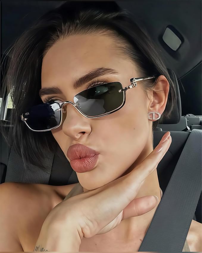 Retro Y2k Sunglasses for Women Men,Trendy Semi-Rimless Sun Glasses Irregular Narrow Gold Sunnies UV400