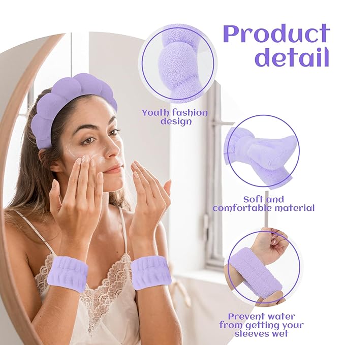 Sponge Spa Headbands & Wristband Set for Women, Puffy Makeup Headband for Washing Face, Soft Skincare Headband Present for Teenage Girls, Cute Teen Girl Gifts for Birthday