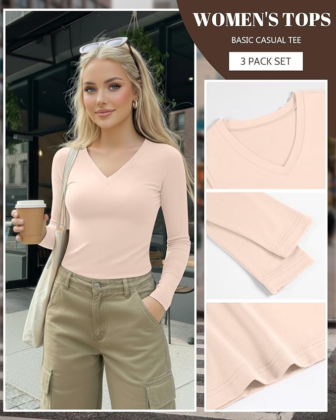 Ficerd 3 Pack Women's Long Sleeve Shirts, V Neck Basic Tees Slim Fitted Casual Fall Tops Going Out Blouses T Shirts