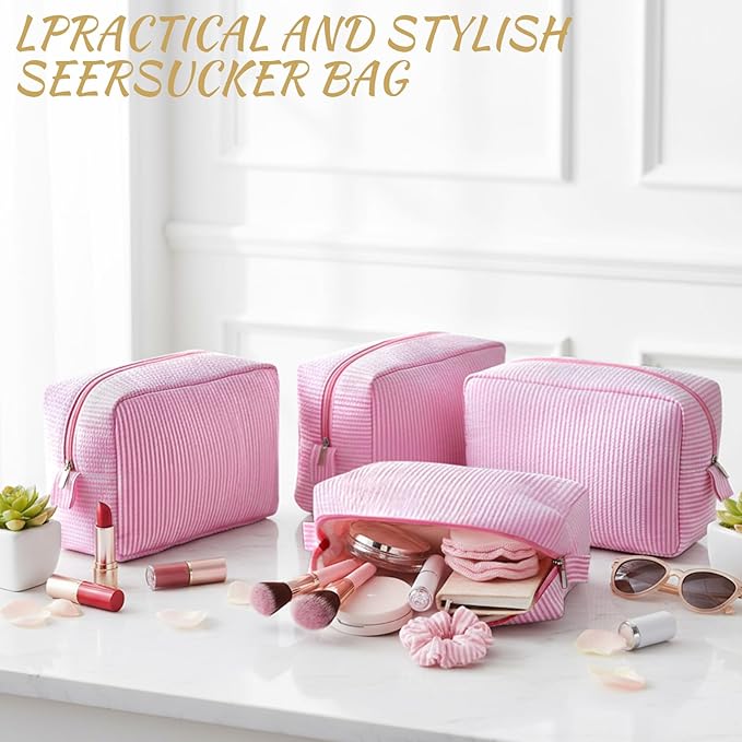 Sanwuta 3 Pcs Seersucker Makeup Bags Seersucker Cosmetic Bags Striped Women Large Travel Toiletry Organizer Preppy Storage Pouch for Embroidery Wedding Bridesmaid Gifts(Light Pink)