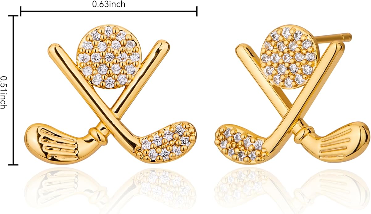Golf Stud Earrings for Women Silver Gold Gifts Cubic Zirconia Flat Back Hypoallergenic Club Cute Dainty Player Fan Tournament Fashion Unique Accessory Small Birthday Novelty Sports Jewelry