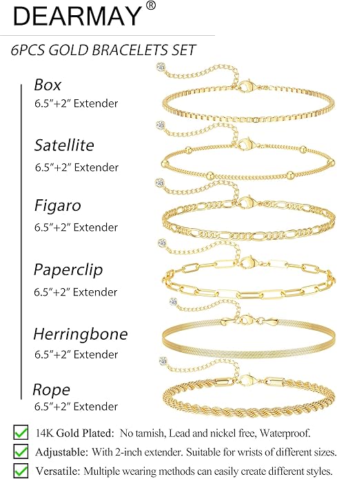 DEARMAY Gold Bracelets for Women Waterproof, 14K Gold Plated Jewelry Sets Trendy Thin Dainty Stackable Cuban Link Paperclip Chain Bracelet Pack Fashion Accessories Gifts for Womens