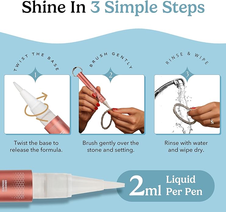 Natural Diamond Cleaner Pen Keychain – Non-Toxic, Portable Jewelry Cleaner for Silver, Gold & Fine Jewelry – Gentle, Easy Shine for Women On-The-Go