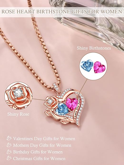 Rose Heart Necklaces for Women, Rose Gold Forever Love Jewelry with 2 Birthstones Pendant, Christmas Anniversarry Birthday Gifts for Her Wife Mom Grandma, 18+2 Inch Chain