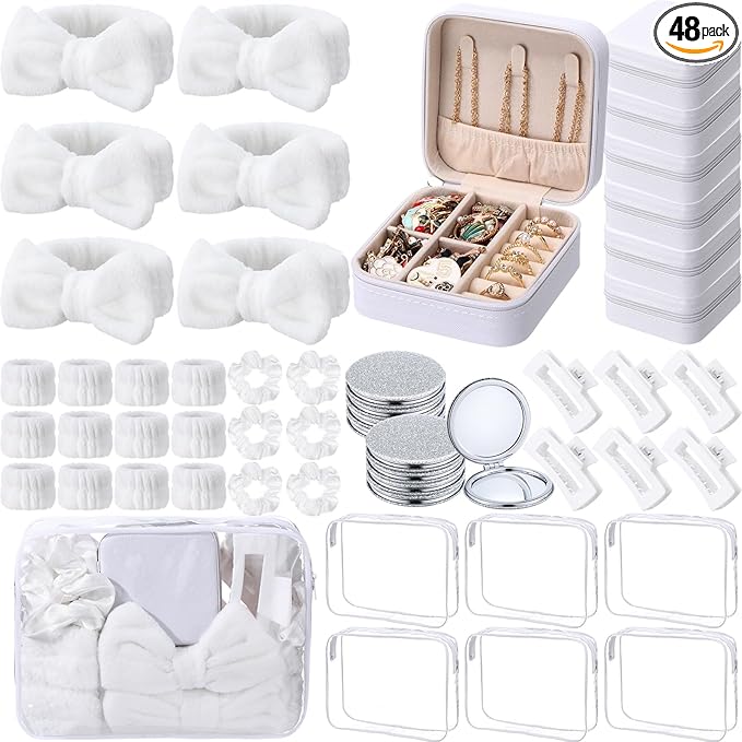 Spa Party Favors Pink Sleepover Party Supplies Bow Headband Wristband Scrunchies Hair Clip Jewelry Case Makeup Bag Mirror for Women Bridesmaid Return Gifts(White,48 Pcs)