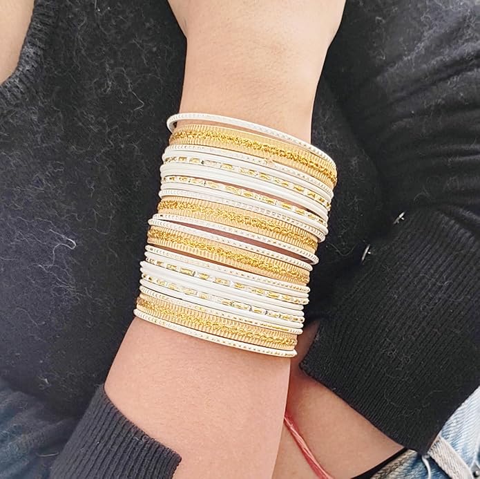 Touchstone Indian Metal Bangles for Women Gold Alloy Bracelets desi 2 Dozen Bangle Collection Bollywood Women's Jewelry Set Multi Stacking Wide Chunky Textured Golden Set of 24 in Gold or White Tone
