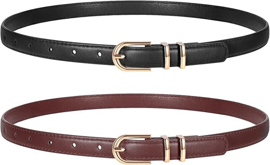 2 Pack Women Skinny Leather Belts for Jeans Pants Thin Faux Leather Belt with Gold Buckle
