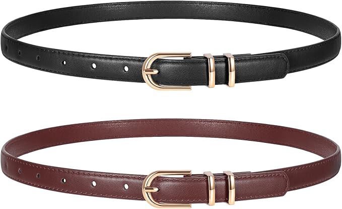 2 Pack Women Skinny Leather Belts for Jeans Pants Thin Faux Leather Belt with Gold Buckle