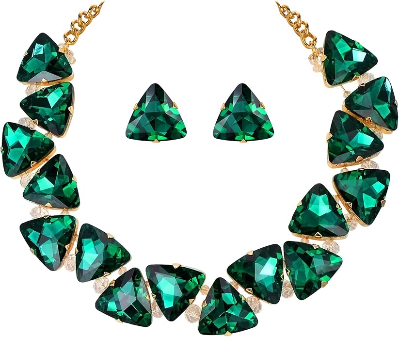 BriLove Art Deco Sparkly Triangle Statement Necklace Earrings Set for Women