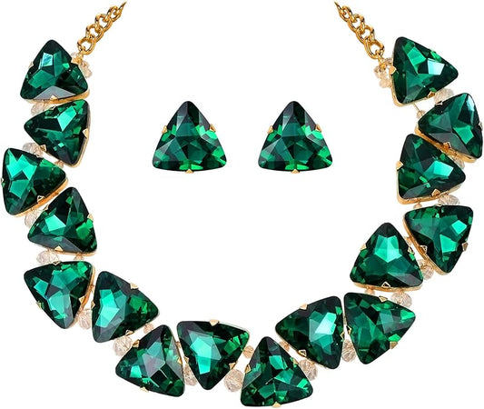 BriLove Art Deco Sparkly Triangle Statement Necklace Earrings Set for Women