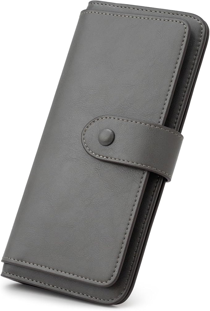 RFID Blocking Leather Wallet for Women, Slim Trifold with 14 Card Slots and Zipper Pocket (Grey)