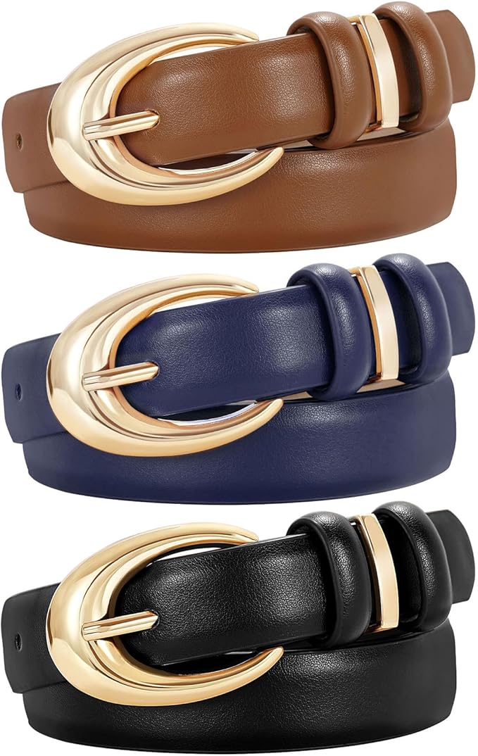 TRIWORKS 3 Pack Women Leather Belt for Jeans Pants Fashion Ladies Faux Leather Belt with Gold Buckle