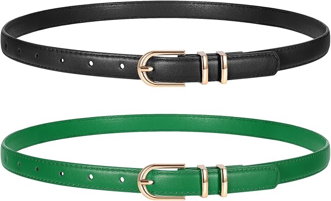 2 Pack Women Skinny Leather Belts for Jeans Pants Thin Faux Leather Belt with Gold Buckle