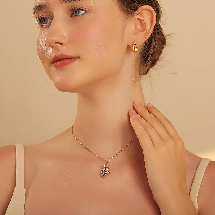 Dainty Geometric Jewelry Set for Women - Stainless Steel Necklace & Earrings Minimalist Matching Set