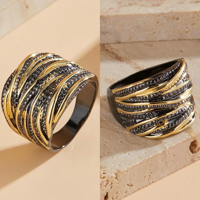 Mytys 2 Tone Intertwined Crossover Statement Ring Fashion Chunky Band Rings for Women Wide Index Finger Rings Costume Jewelry