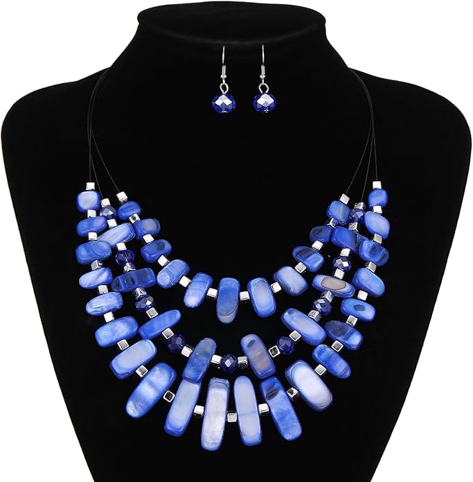 3 Layered Chunky Statement Necklace for Women Beaded Strand Necklaces with Earring Fashion Costumes Collar Necklace Jewelry Sets Gifts for Women