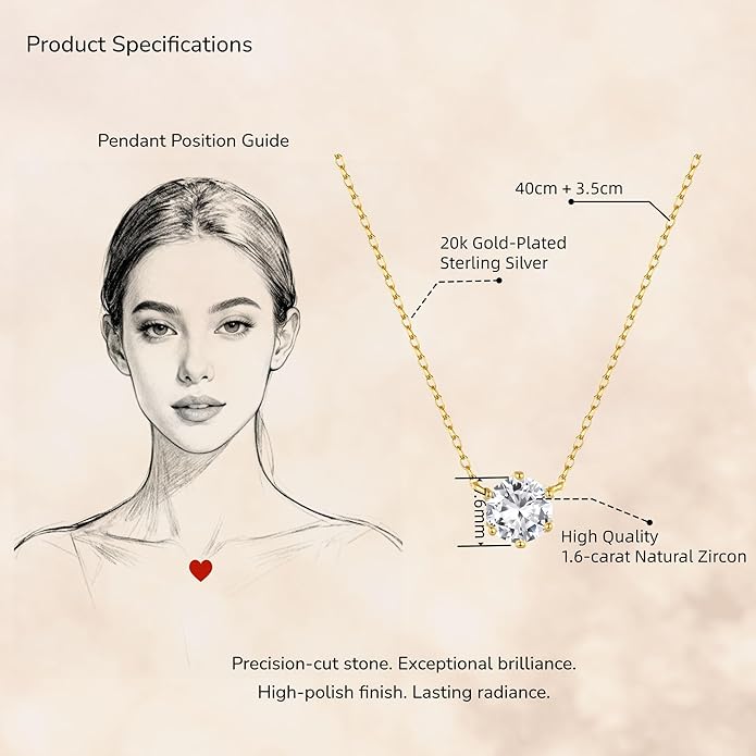 Sterling Silver Necklace with Natural Zircon, Solitaire pendant necklace, Minimalist Dainty Jewelry for Women, Everyday Wear and Gift Idea