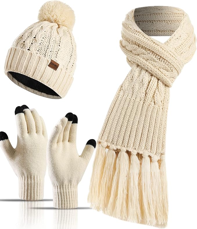 Winter Hat Scarf Gloves Set for Women Womens Knit Warm Hat Beanie Long Scarf Touchscreen Gloves Skull Caps Neck Scarves