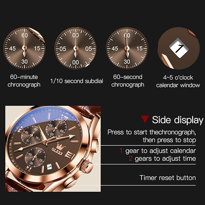 OLEVS Men's Watches Brown Leather with Date,Casual Watches for Men,Large Face Watches Men,Chronograph Mens Watch,Sport Waterproof Business Dress Analog Quartz Men's Wrist Watches Reloj De Hombre
